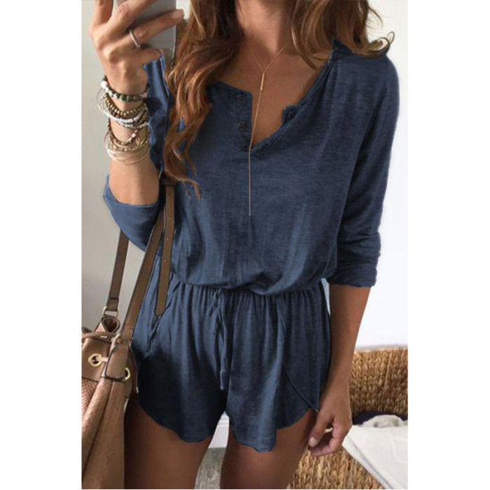 Casual Solid Tie Long Sleeve Shorts Rompers