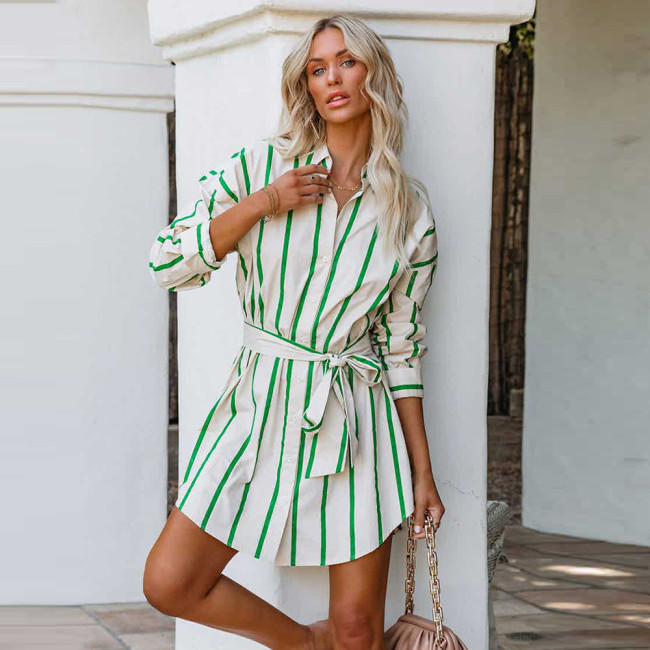 New Fashion Striped Print Long Sleeve Tie Casual Dresses