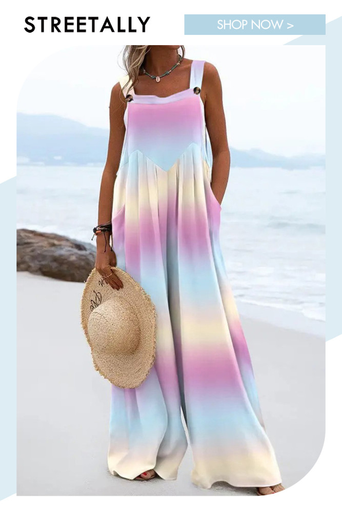 New Printed Sleeveless Loose Casual Sling Wide Leg Jumpsuits