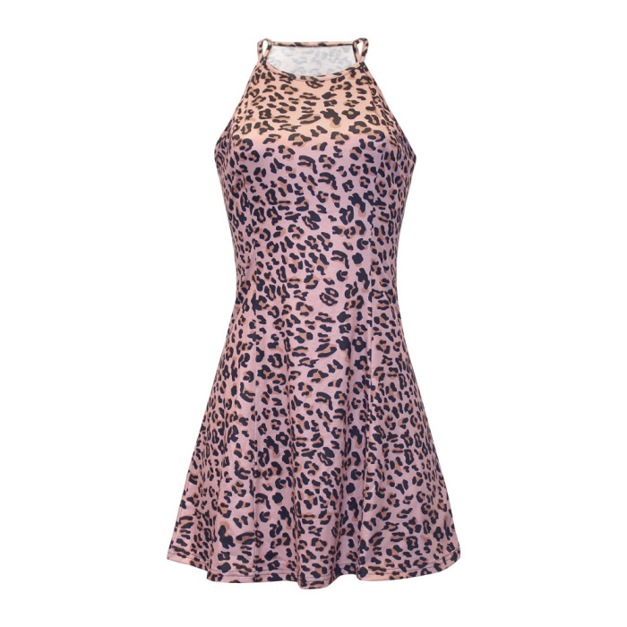 Summer Women's Leopard Print Sexy Round Neck Sleeveless Sling Mini Dresses
