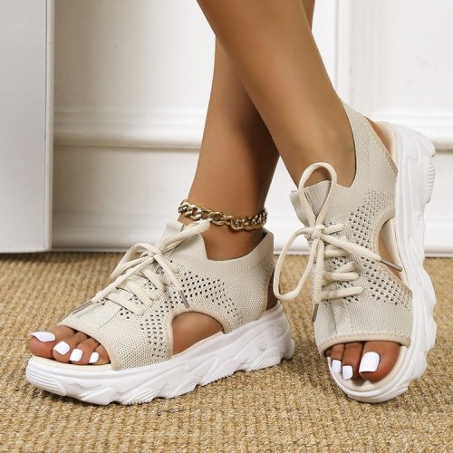 New Lace Up Fish Mouth Thick Bottom Fly Woven Casual Women's Plus Size Platform Sandals