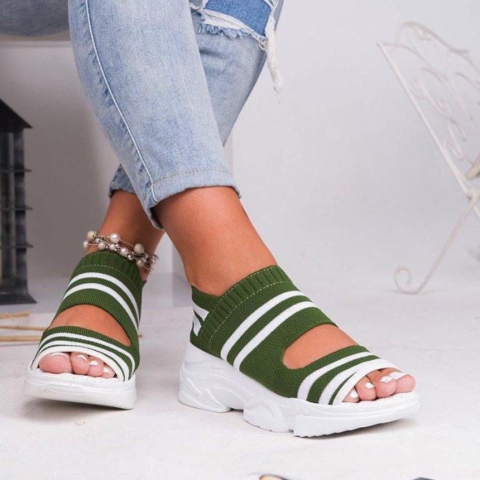 Knitted New Summer Flat Elastic Thick Bottom Sports Fish Mouth Platform Sandals