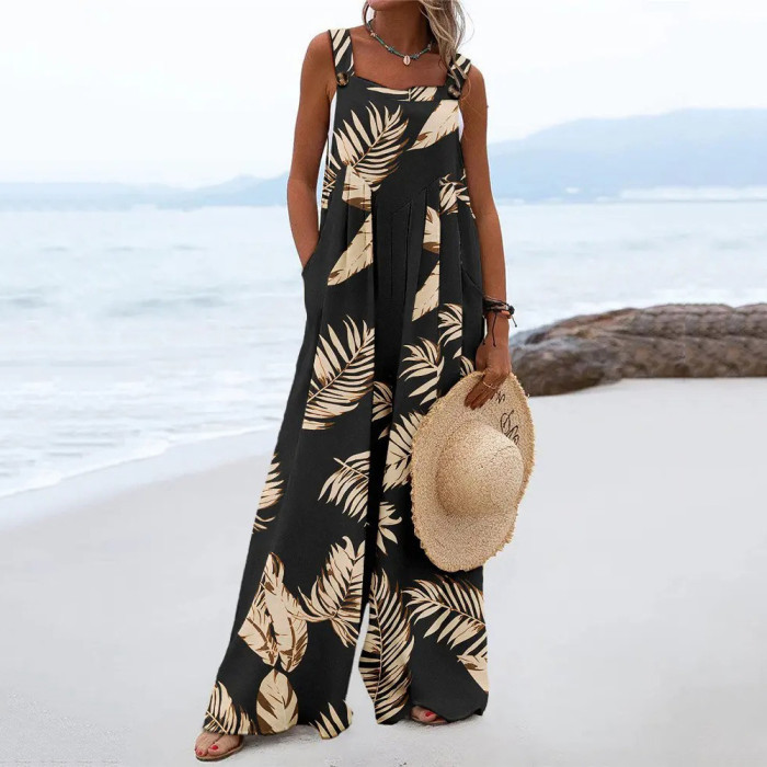 New Printed Sleeveless Loose Casual Sling Wide Leg Jumpsuits