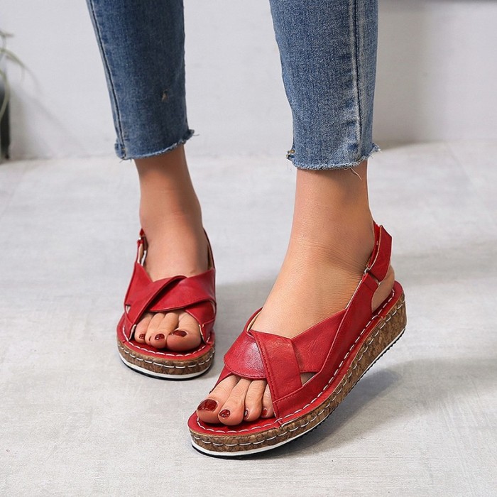 Summer New Women's Fish Mouth Thick Bottom Velcro Large Size Wedge Sandals