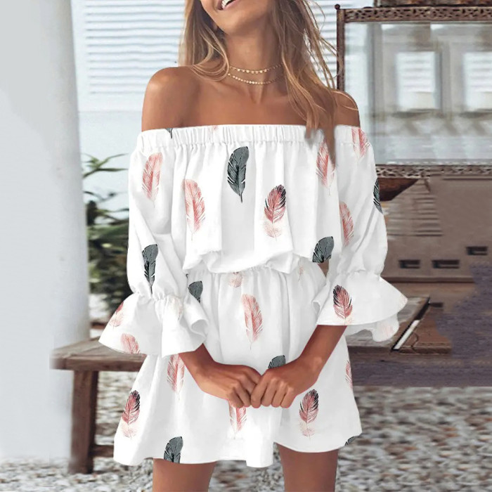 Printed Sexy One-Line Neck Waist Loose Women Casual Dresses
