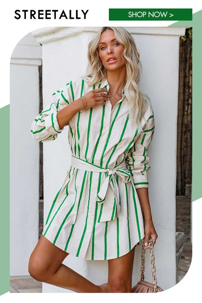 New Fashion Striped Print Long Sleeve Tie Casual Dresses
