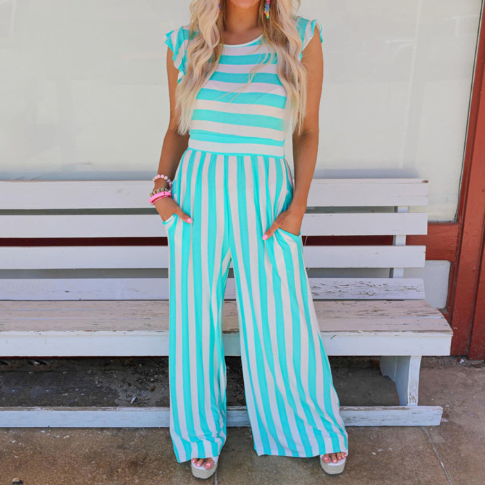 Summer New Striped Round Neck Sleeveless Casual Jumpsuits