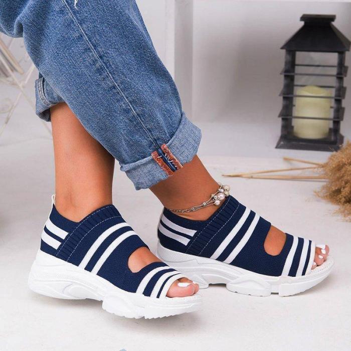 Knitted New Summer Flat Elastic Thick Bottom Sports Fish Mouth Platform Sandals
