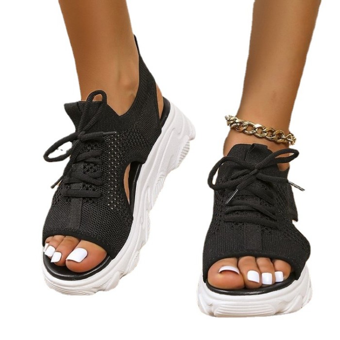 New Lace Up Fish Mouth Thick Bottom Fly Woven Casual Women's Plus Size Platform Sandals