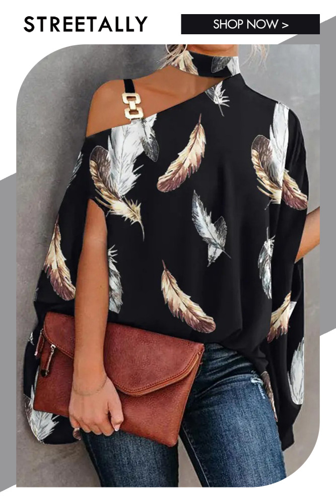 Summer Women's Printed Sexy Slant Collar Loose Top Blouses & Shirts