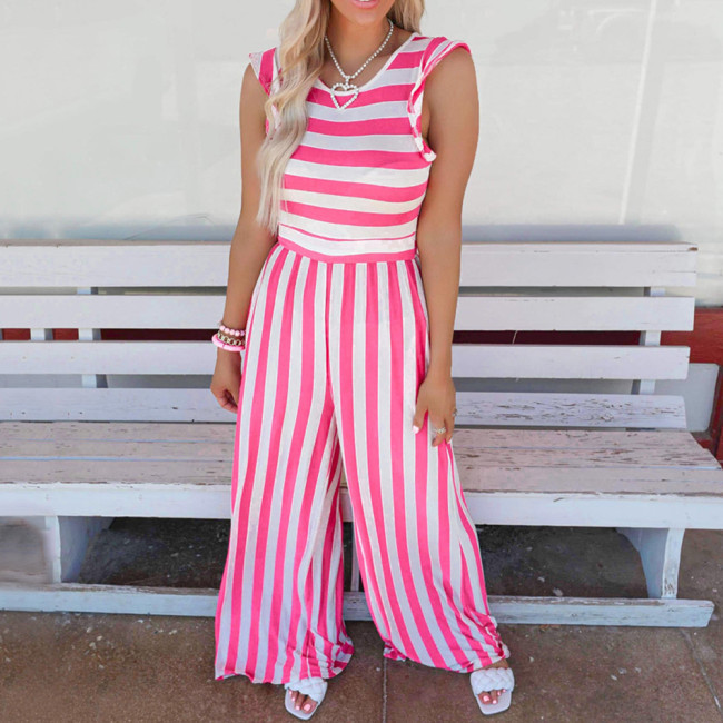 Summer New Striped Round Neck Sleeveless Casual Jumpsuits