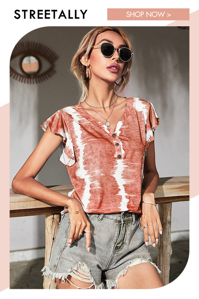 Women's V-Neck Short Sleeve Button Print Loose Top T-Shirts