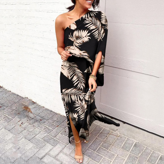 New Loose Off Shoulder Waist Print Women Maxi Dresses