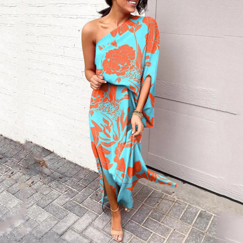 New Loose Off Shoulder Waist Print Women Maxi Dresses