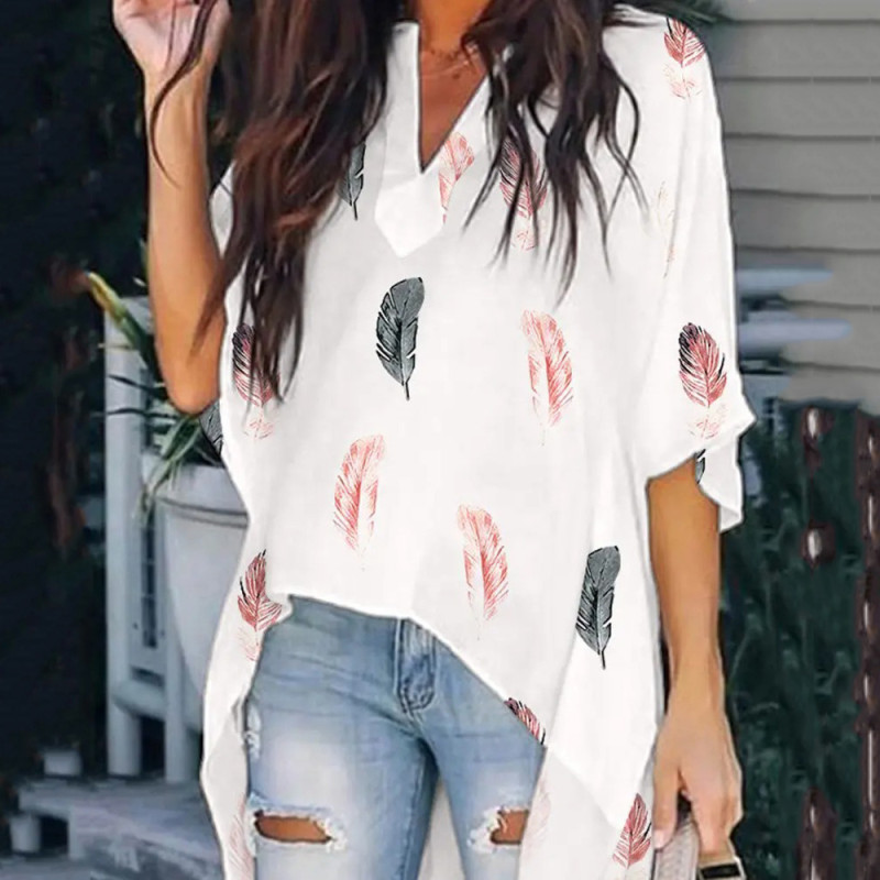 New Women's Printed V-Neck Doll Sleeves Casual Irregular Blouses & Shirts