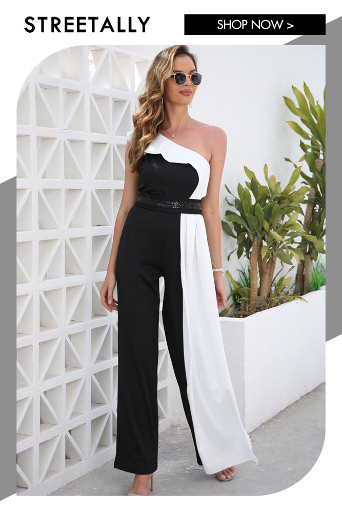 Summer New Women's Casual Black And White Contrast Color Belted Jumpsuits