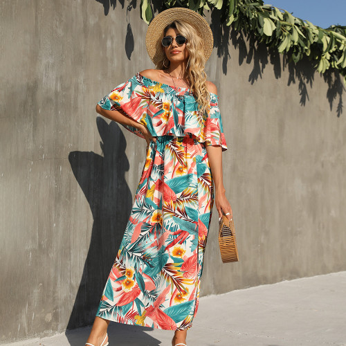 New Line Neck Short Sleeve Floral High Waist Maxi Dresses