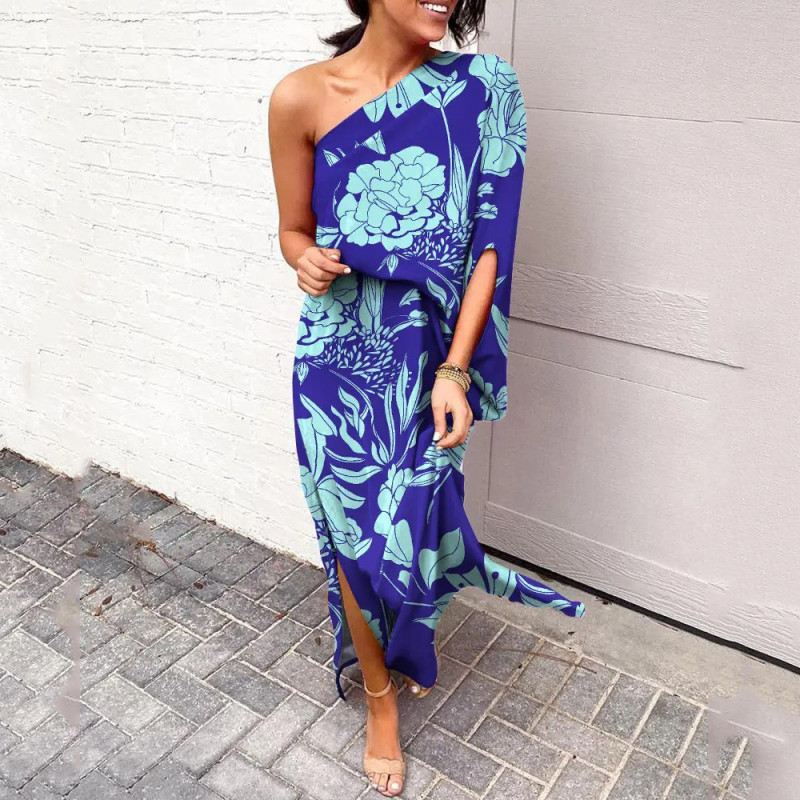 New Loose Off Shoulder Waist Print Women Maxi Dresses