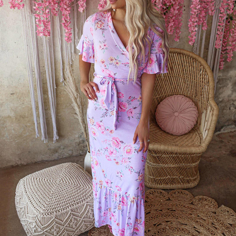 Summer New Fashion Print Short Sleeve V Neck Casual Maxi Dresses