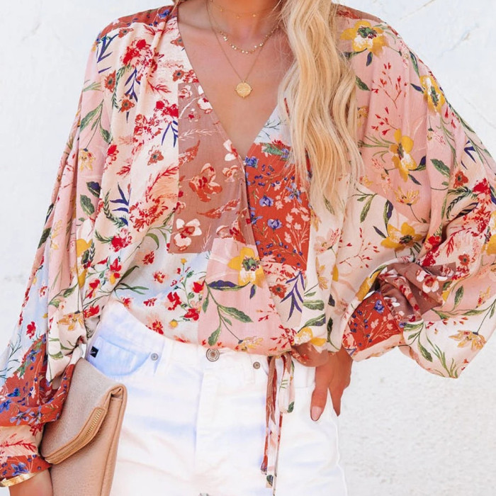 New Floral V-Neck Long Sleeves Loose Casual Blouses & Shirts