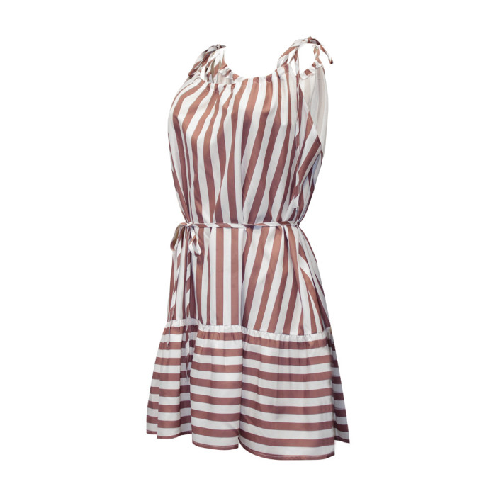 Summer New Striped Print Sling Panel Casual Dresses