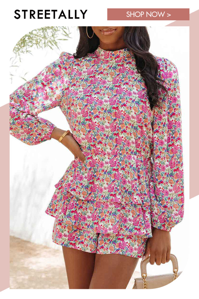 New Floral Long Sleeve Ruffled Backless Casual Women Rompers