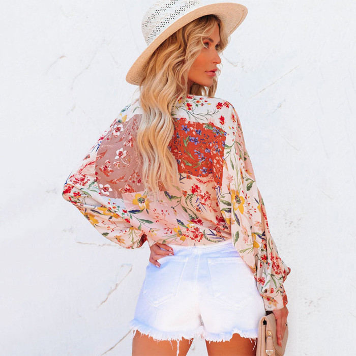 New Floral V-Neck Long Sleeves Loose Casual Blouses & Shirts