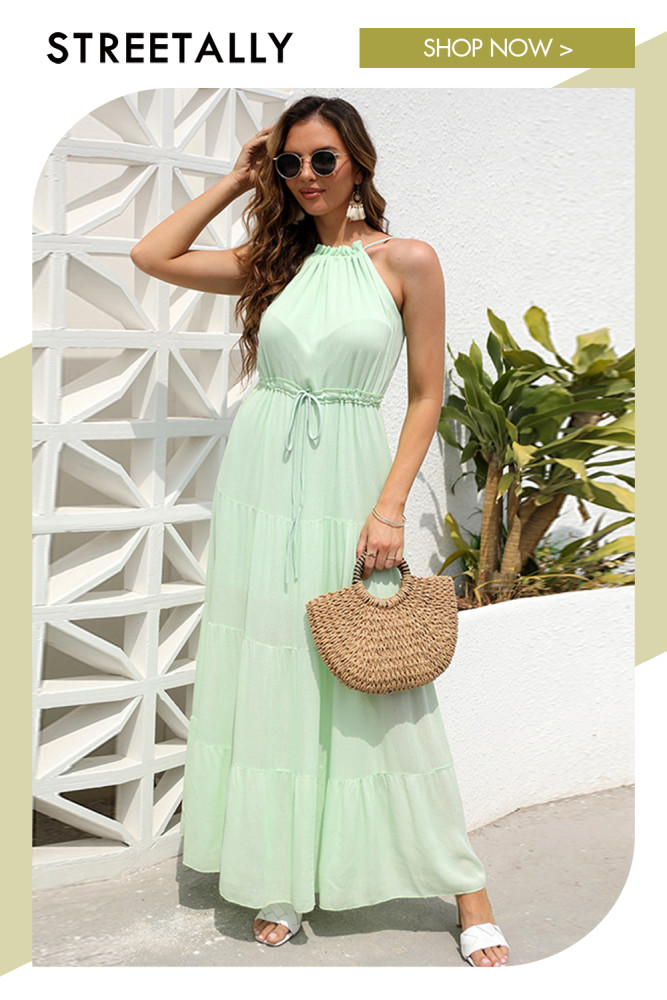 Summer New Resort Style Elegant Solid Color Crew Neck Lace-Up Women Maxi Dresses
