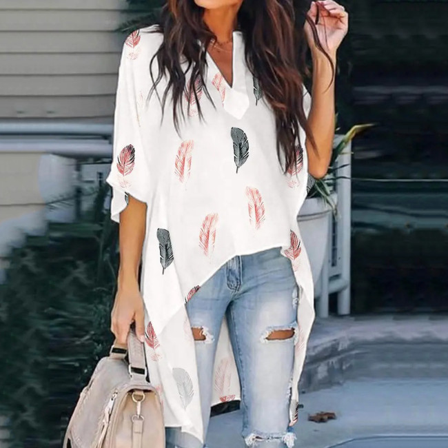 New Women's Printed V-Neck Doll Sleeves Casual Irregular Blouses & Shirts
