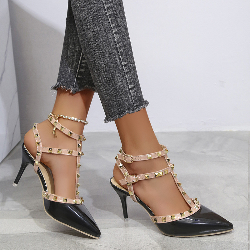 Summer New Women's Pointed Rhinestone Buckle Stiletto Heels