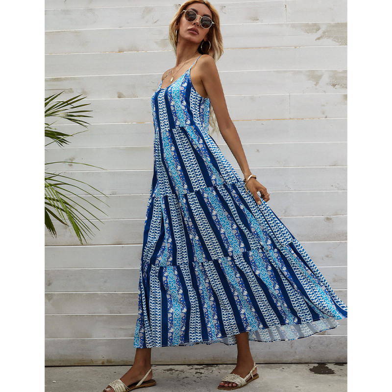 New Crew Neck Sling Print Resort Maxi Dresses