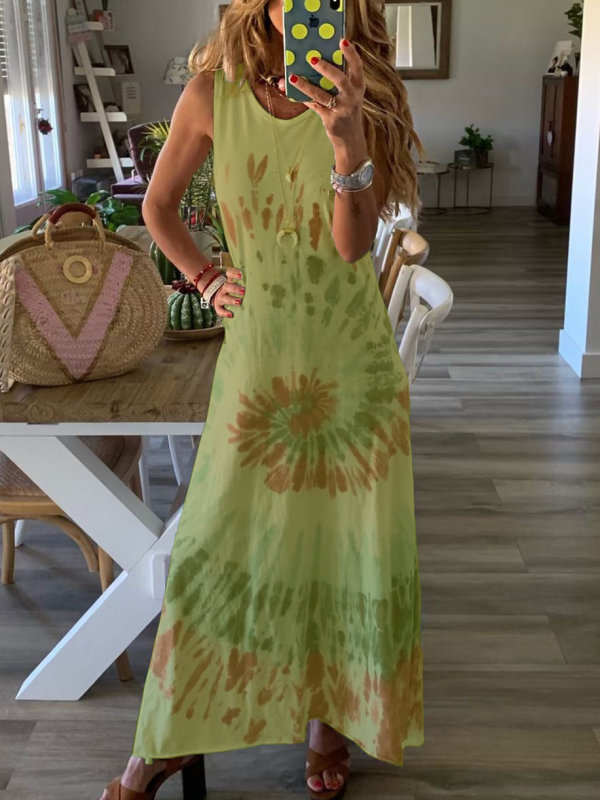 Fashion Round Neck Sleeveless Tie Dye Loose Maxi Dress