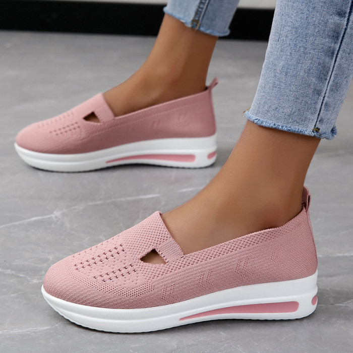 Large Size Flyknit Fabric Breathable Summer Wedge Casual Cutout Sneakers