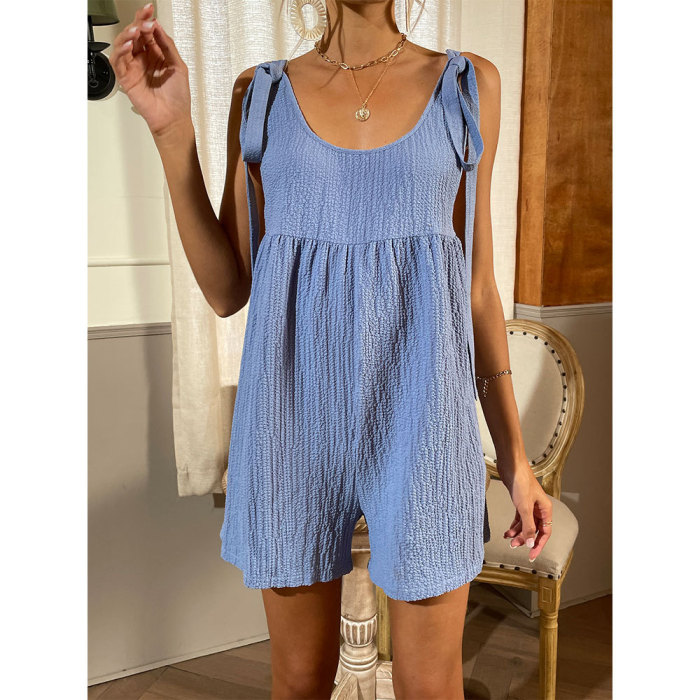 Summer Strap Bow Loose Solid Shorts Rompers