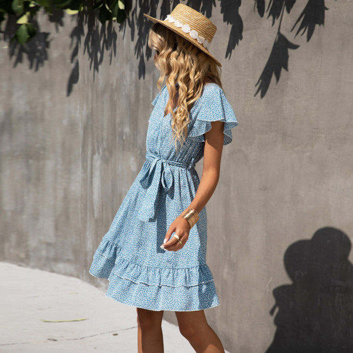 Summer V-Neck Short Sleeve Print Vintage New Casual Dresses