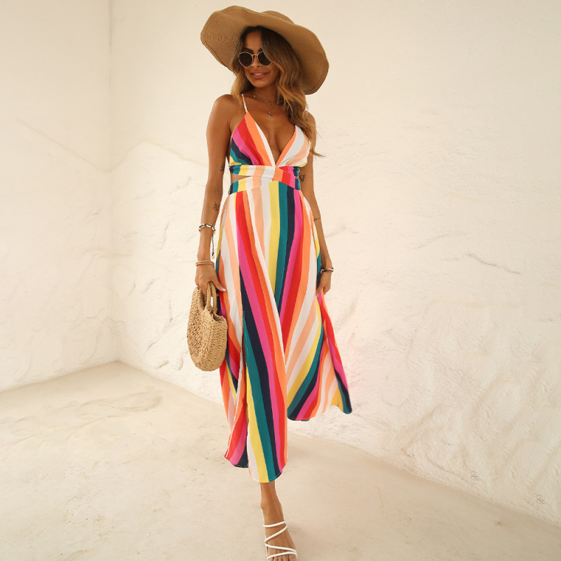 New Sling Deep V Sexy Color Patchwork Maxi Dresses