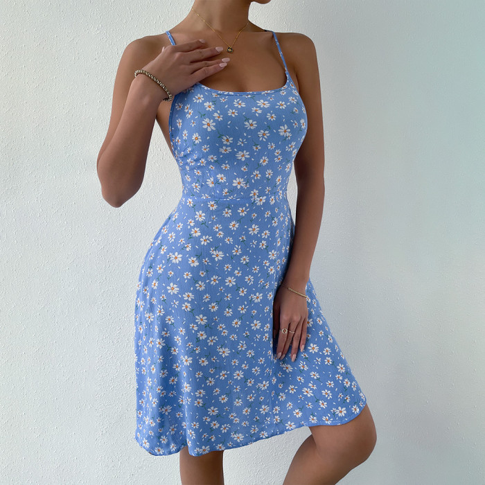 New Sweet and Elegant Sling Tie Sexy Floral Slim Casual Dresses