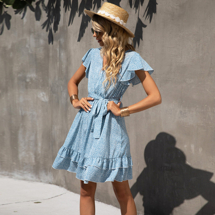 Summer V-Neck Short Sleeve Print Vintage New Casual Dresses