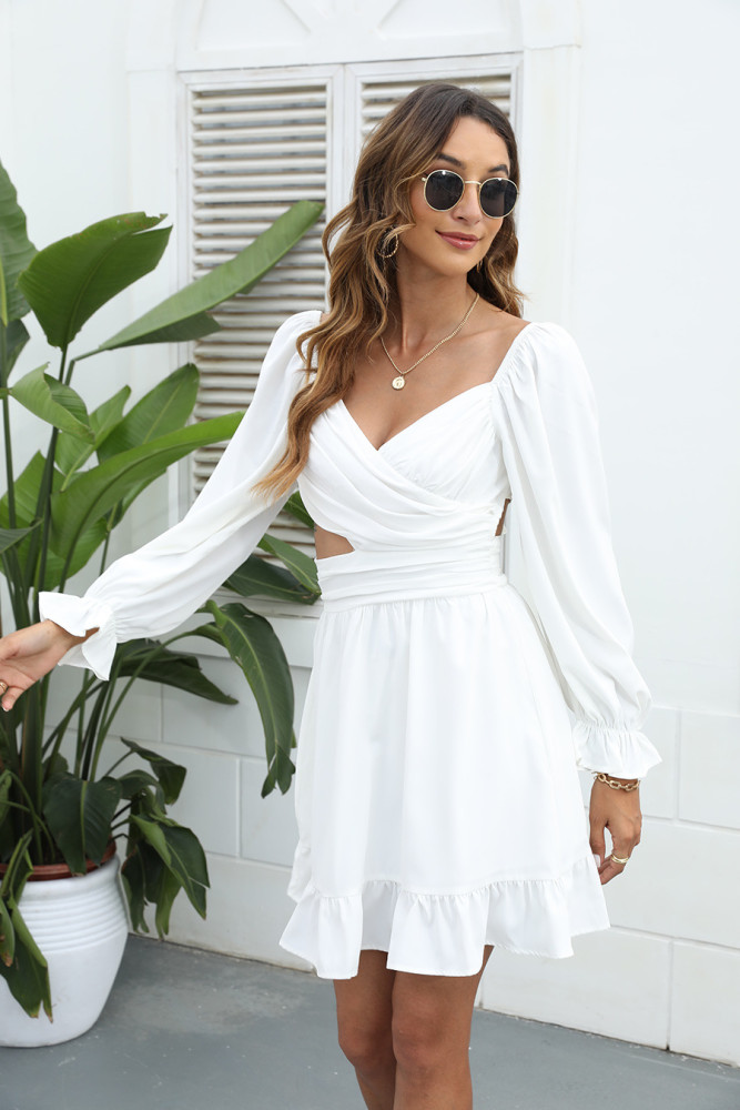 New Women's Summer V-Neck Solid Color Long Sleeve Mini Dresses
