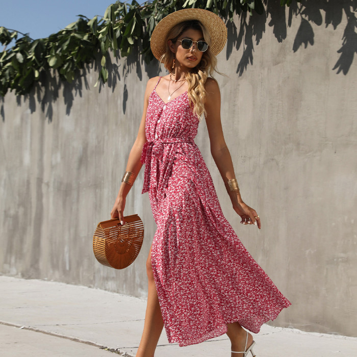 New V-Neck Sling Floral Lace-Up Elegant Maxi Dresses