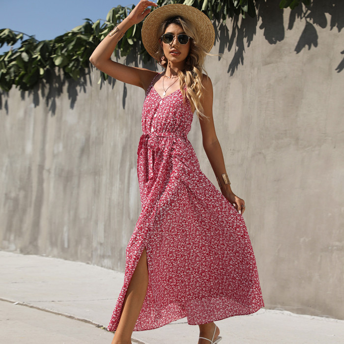 New V-Neck Sling Floral Lace-Up Elegant Maxi Dresses