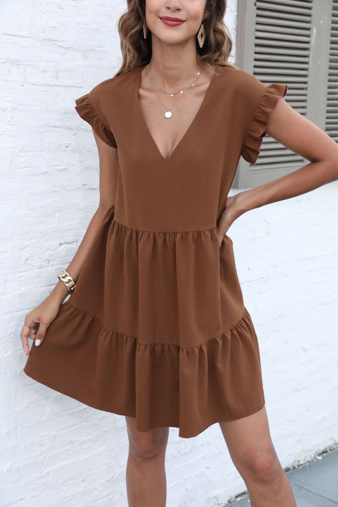 Spring Summer New V-Neck Short Sleeve Loose Solid Color Mini Dresses