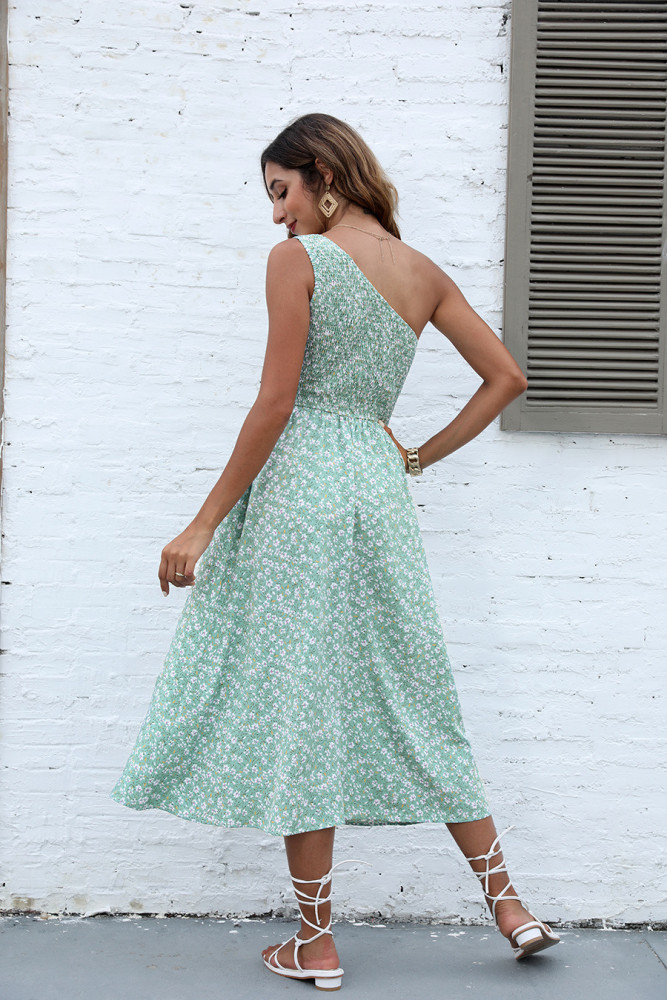 Summer New Women's Slanted Shoulder Print Maxi Dresses