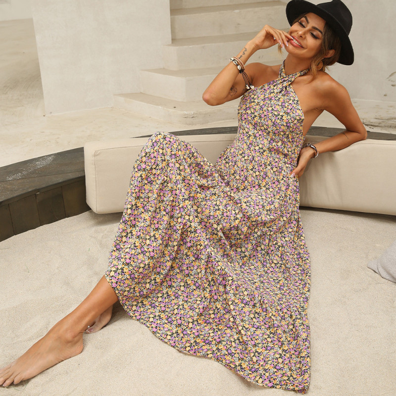 New Halter Print Resort Strap Sexy Maxi Dresses