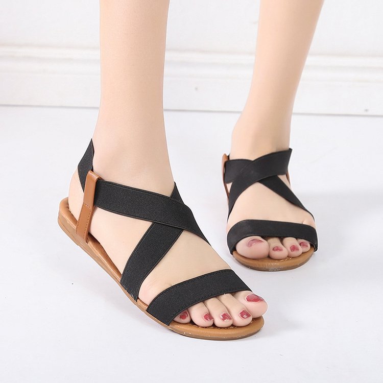 Summer New Flat Elastic Roma Beach Open Toe Plus Size Summer Sandals