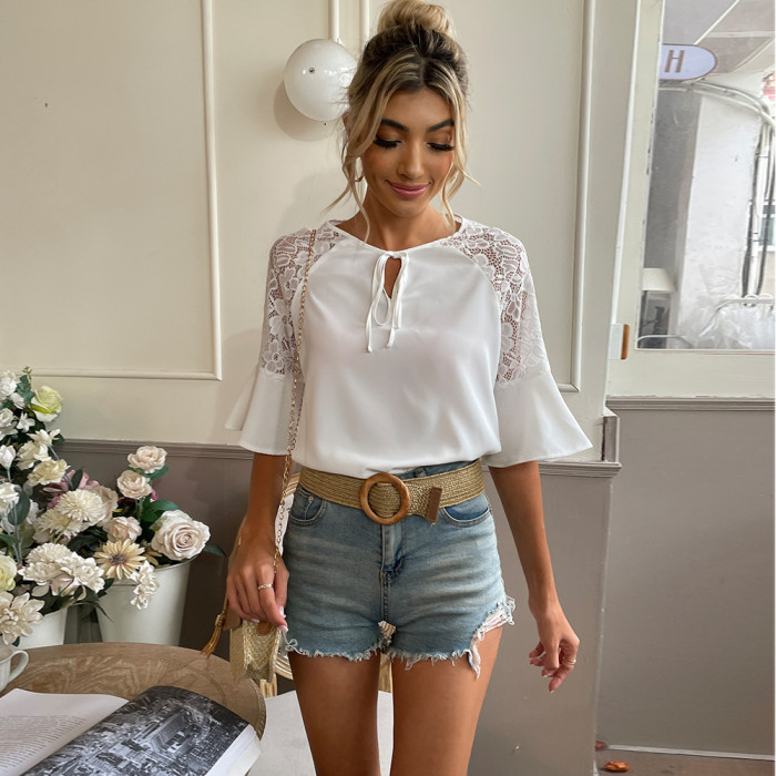 New White Short-sleeved Lace Stitching Lace Round Neck Solid Color Blouses & Shirts