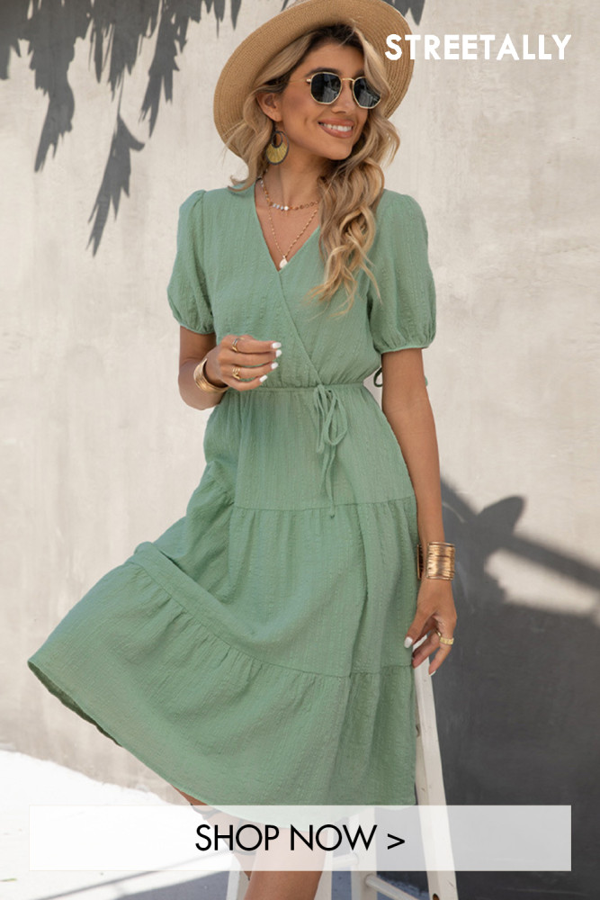 New V Neck Waist Short Sleeve Solid Color High Waist Summer Casual Dresses