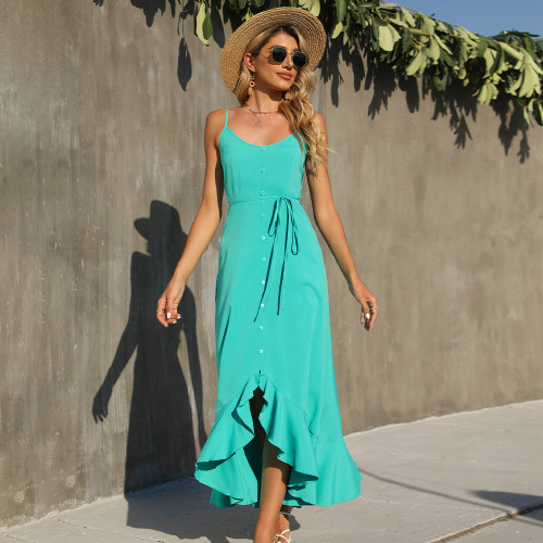 Summer New Suspenders Single-breasted Solid Color Swing Maxi Dresses