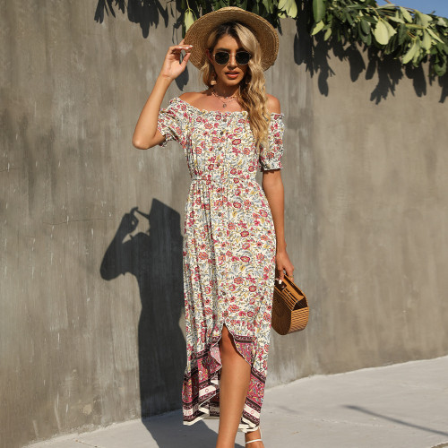 The New Word-neck Short-sleeved Floral High-waisted Dovetail Maxi Dresses