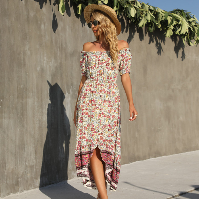 The New Word-neck Short-sleeved Floral High-waisted Dovetail Maxi Dresses